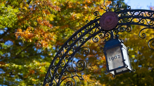 Fall leaves behind iron arch with "1902" written on it.