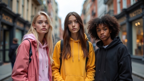 Three people standing on road. 
