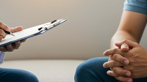 man at a doctors office holding clip board