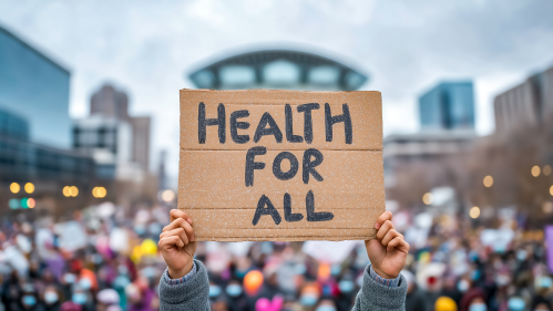 Health for All sign at protest.