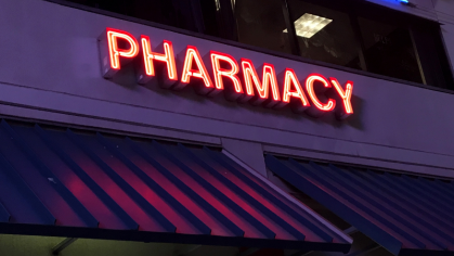 Neon sign that says pharmacy. 