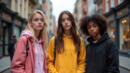 Three people standing on road. 