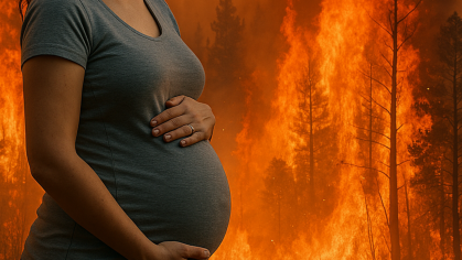 pregnant women in front of wildfire