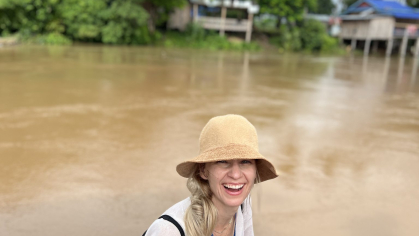 Downs collecting food environment data along the Mekong river in Cambodia.