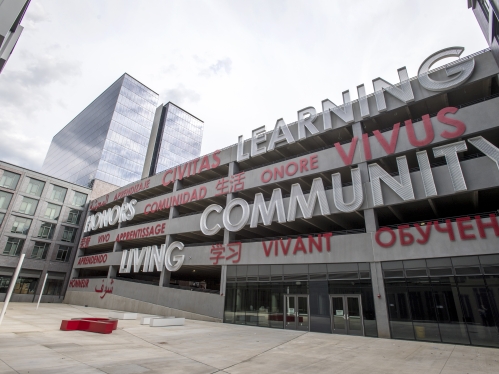 Rutgers Living Learning Community wall with words in many languages. 