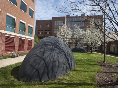 Large rounded black sculpture outside on grass