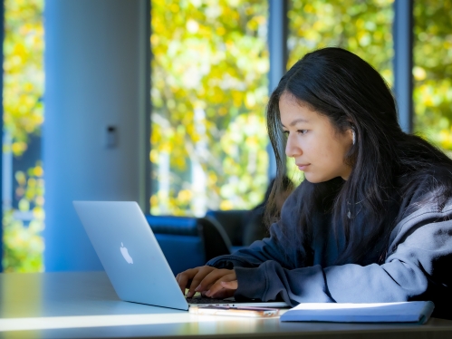 Student with ear pods studies on their laptop.