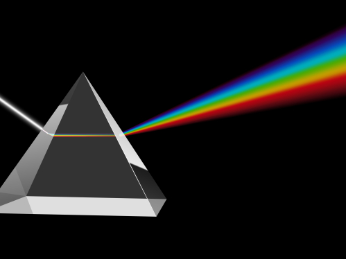 Prism with light moving through. 