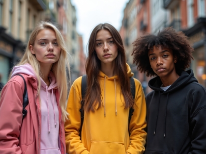 Three people standing on road.