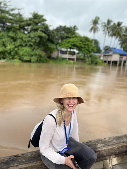 Downs collecting food environment data along the Mekong river in Cambodia.